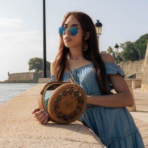 Pasir Merah Decorated Round Rattan Crossbody Bag with Genuine Leather Strap and
